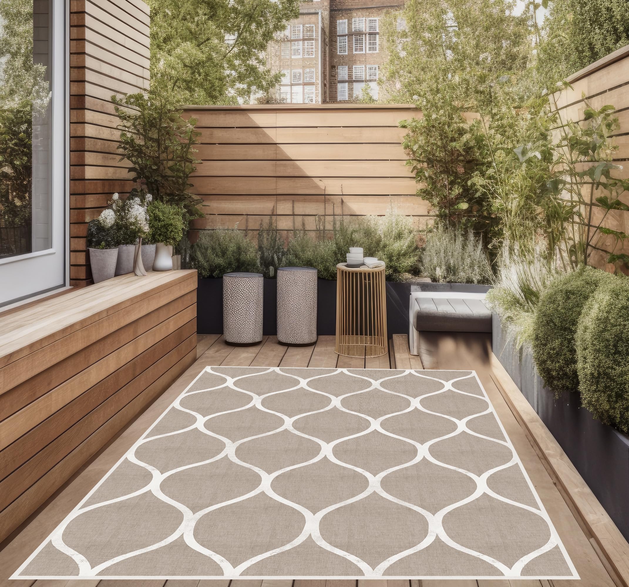 VINILIKO Design | Alfombra Vinílica Lisa Impresa - Celosía Marrón 66x100 cm - Interior y Exterior, Antideslizante, Impermeable, Lavable - Oriental Moderna - Alfombra Vinilo Salón, Terraza