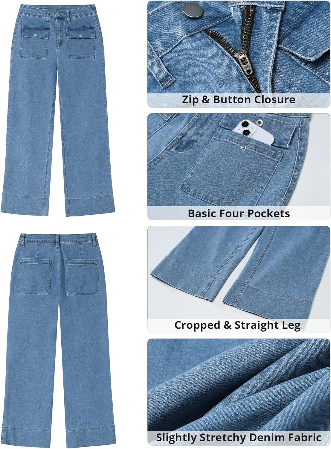 GRAPENT Wide Leg Jeans for Women Trendy High Waisted Straight Leg Cropped Stretchy Denim Pants with Retro Patch Pockets - Image 6
