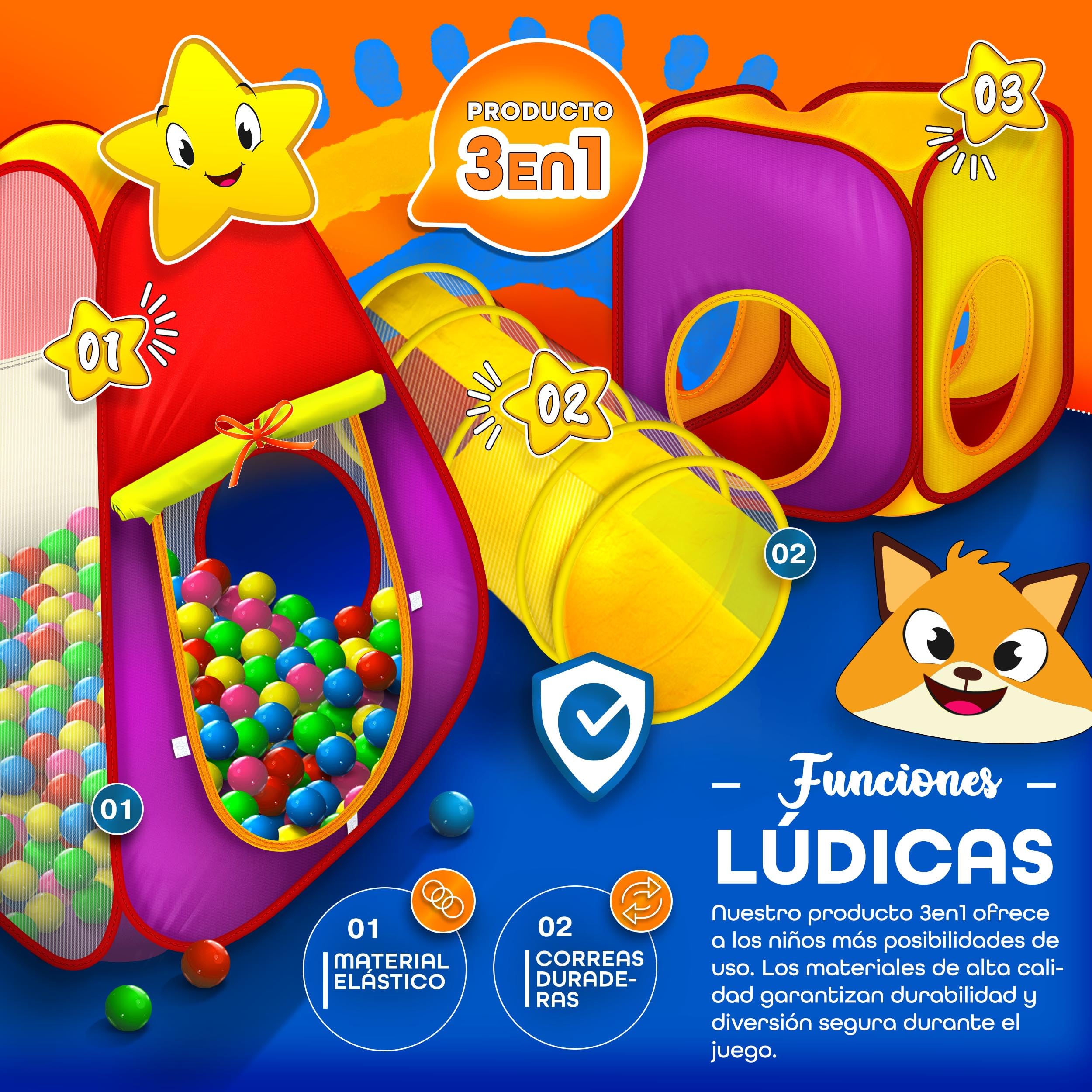KIDUKU® 3 en 1 Carpa de Juegos para niños/Tienda de campaña Pop up Infantil para Jugar + Túnel de Tela + 200 Bolas + Bolsa para Transportar – Uso Interior y Exterior