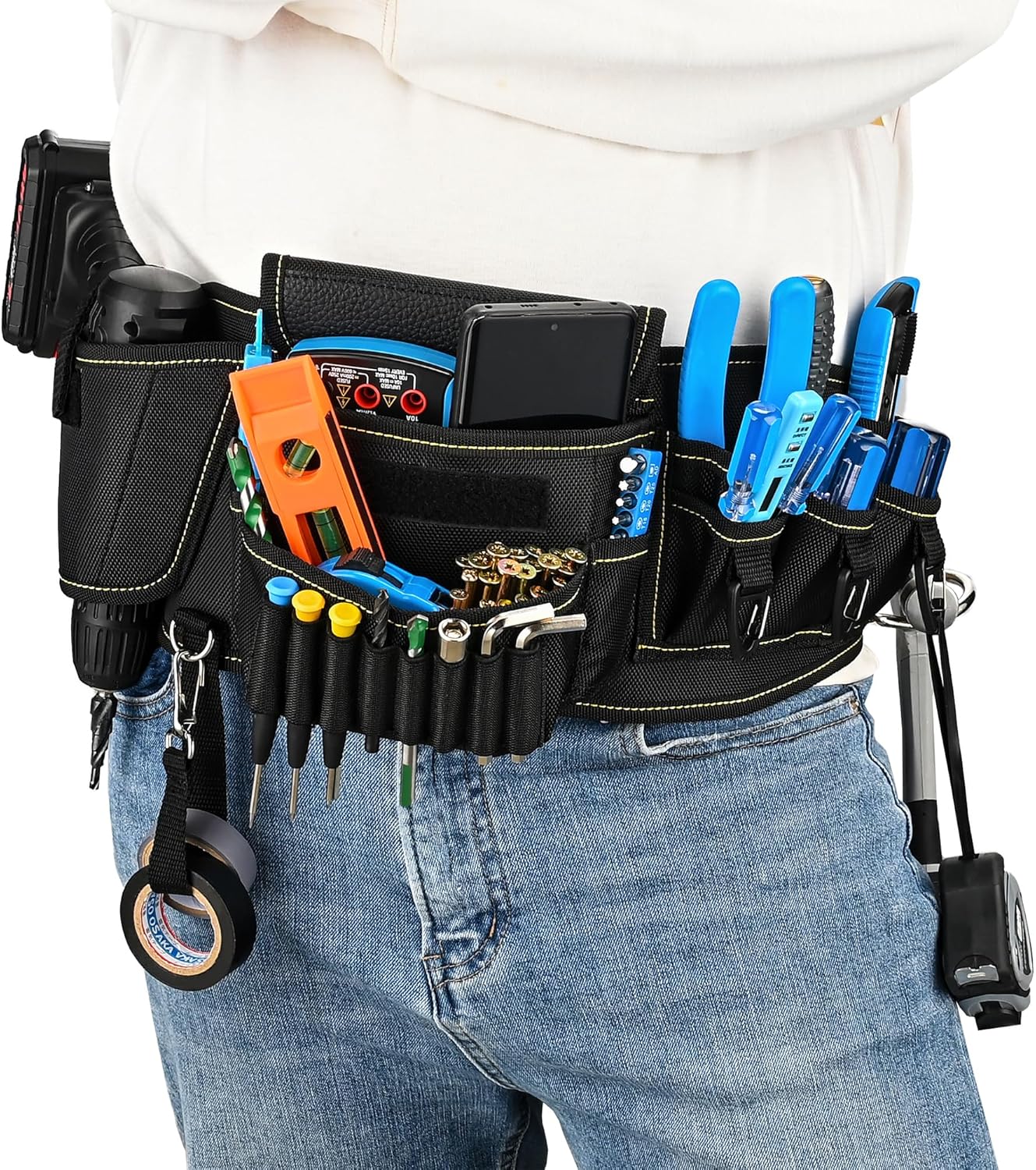 10 Pockets Tool Belt with Drill Holster,Hammer Holder,Tape Measure Holder(Pouch Cannot Moved), Fits Waists 32-59 Inches, Black