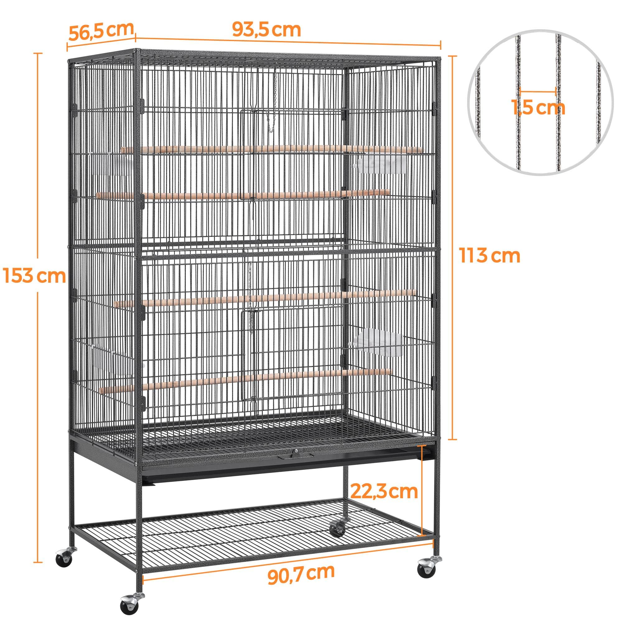 Yaheetech großer Vogelkäfig mit 4 Holzstangen und 360° Rollen, Vogelvoliere mit 2 Türen und schmutzwanneneinsatz 56x93x153 cm, Schwarz