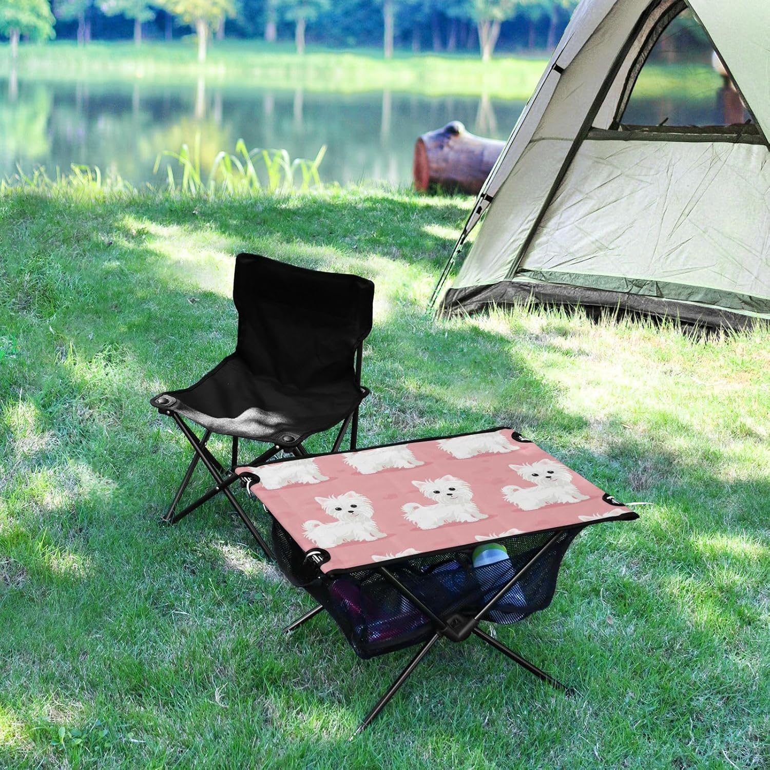 Foldable Outdoor Table Cartoon Puppy Compact Oxford Picnic Table with Carry Bag for Sand Outdoor Picnic