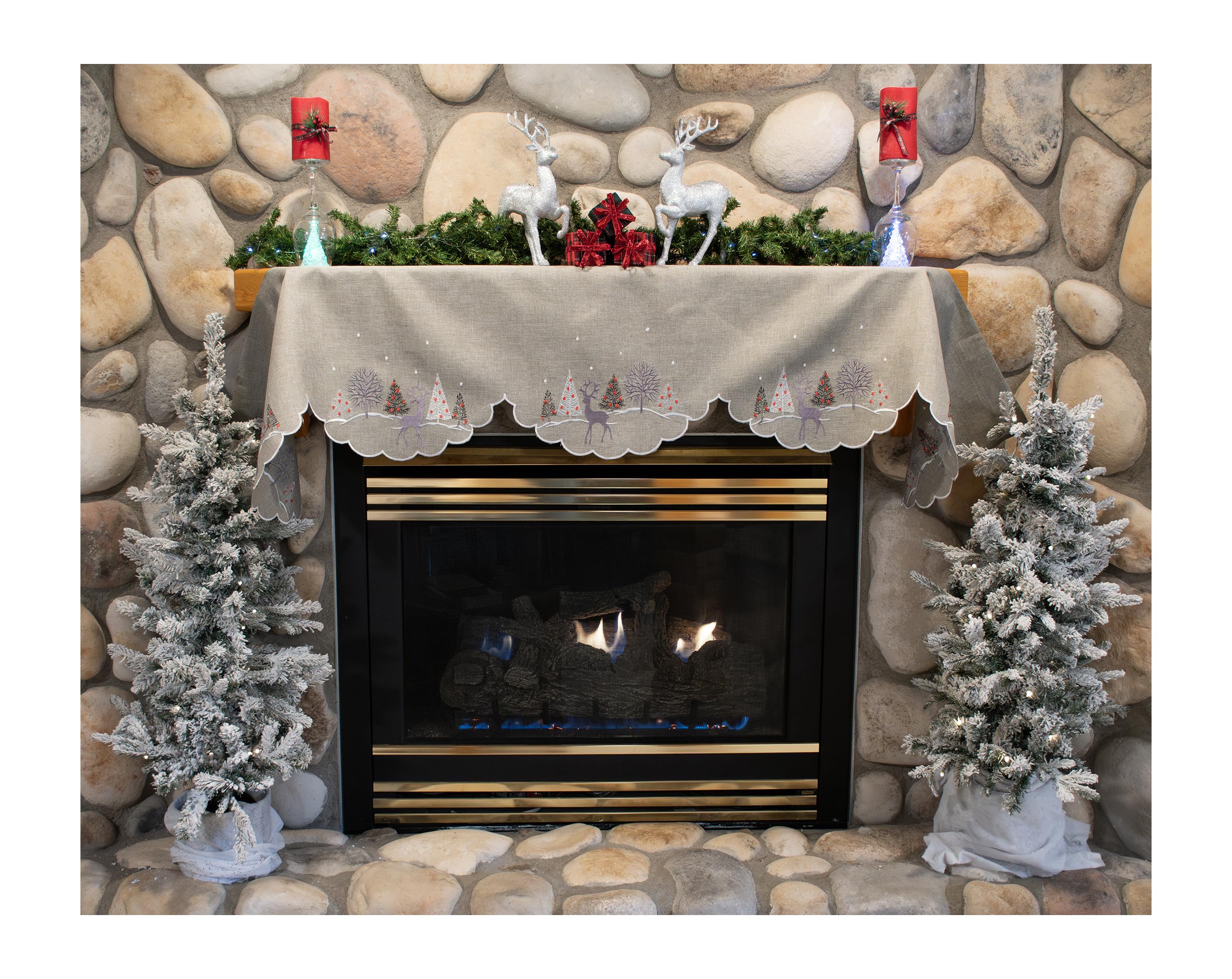 Embroidered Christmas Holiday Reindeer & Christmas Scene on Light Grey Fireplace Mantel Scarf Large Window Valance Mantel Decor (18Lx88W)