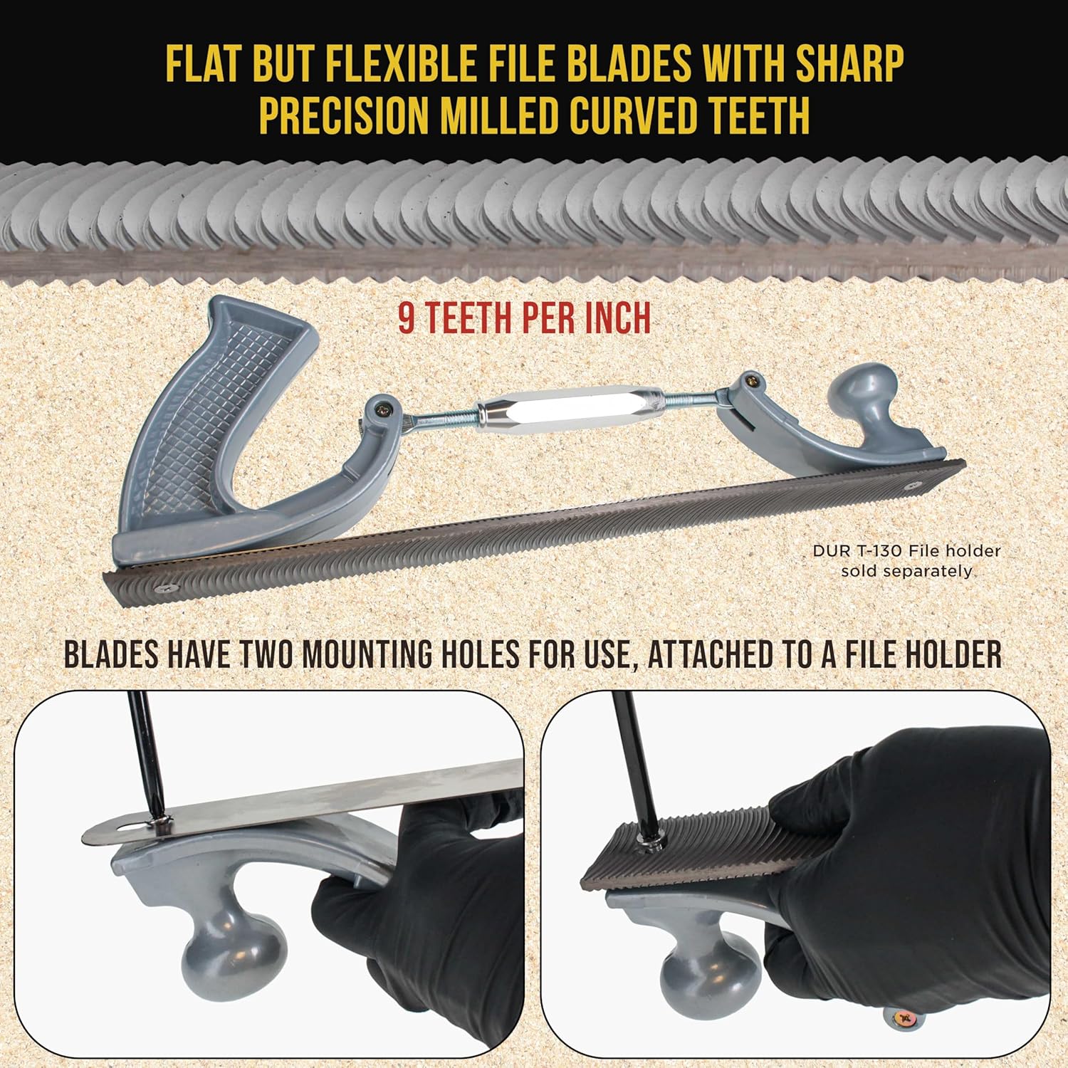 Dura-Gold 14" Flexible Flat Bastard File Blade, Double-Sided with 9 Teeth Per Inch, Pack of 2 - Mounting Holes for Adjustable Body File Holder, for Shaping, Smoothing and Filing Contoured Surfaces