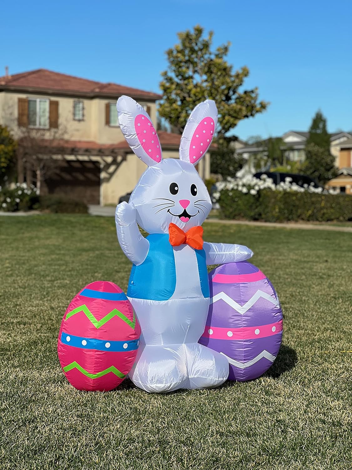 5 Foot Tall Happy Easter Inflatable Bunny Rabbit with Two Eggs Pre-Lit LED Lights Outdoor Indoor Decor Holiday Blow Up Home Lawn Garden Yard Decoration