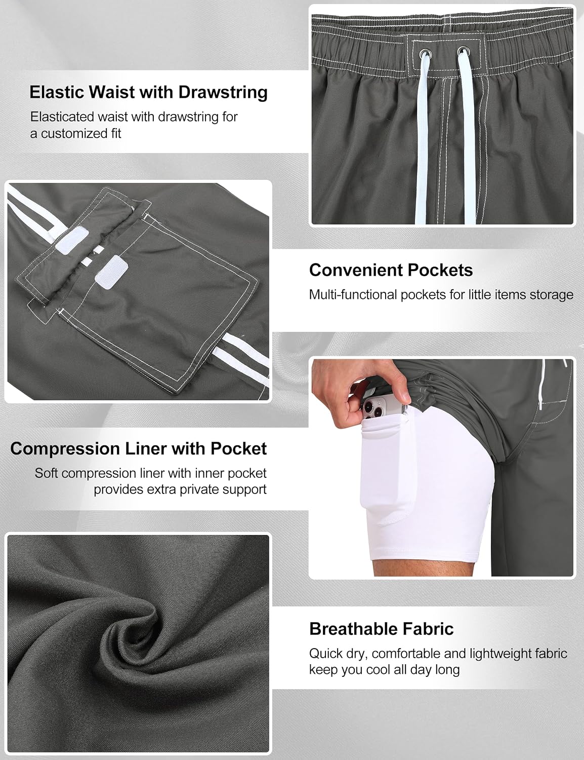 ninovino Men's Swim Trunks with Compression Liner Quick Dry Board Shorts with Drawstring and Side Pockets