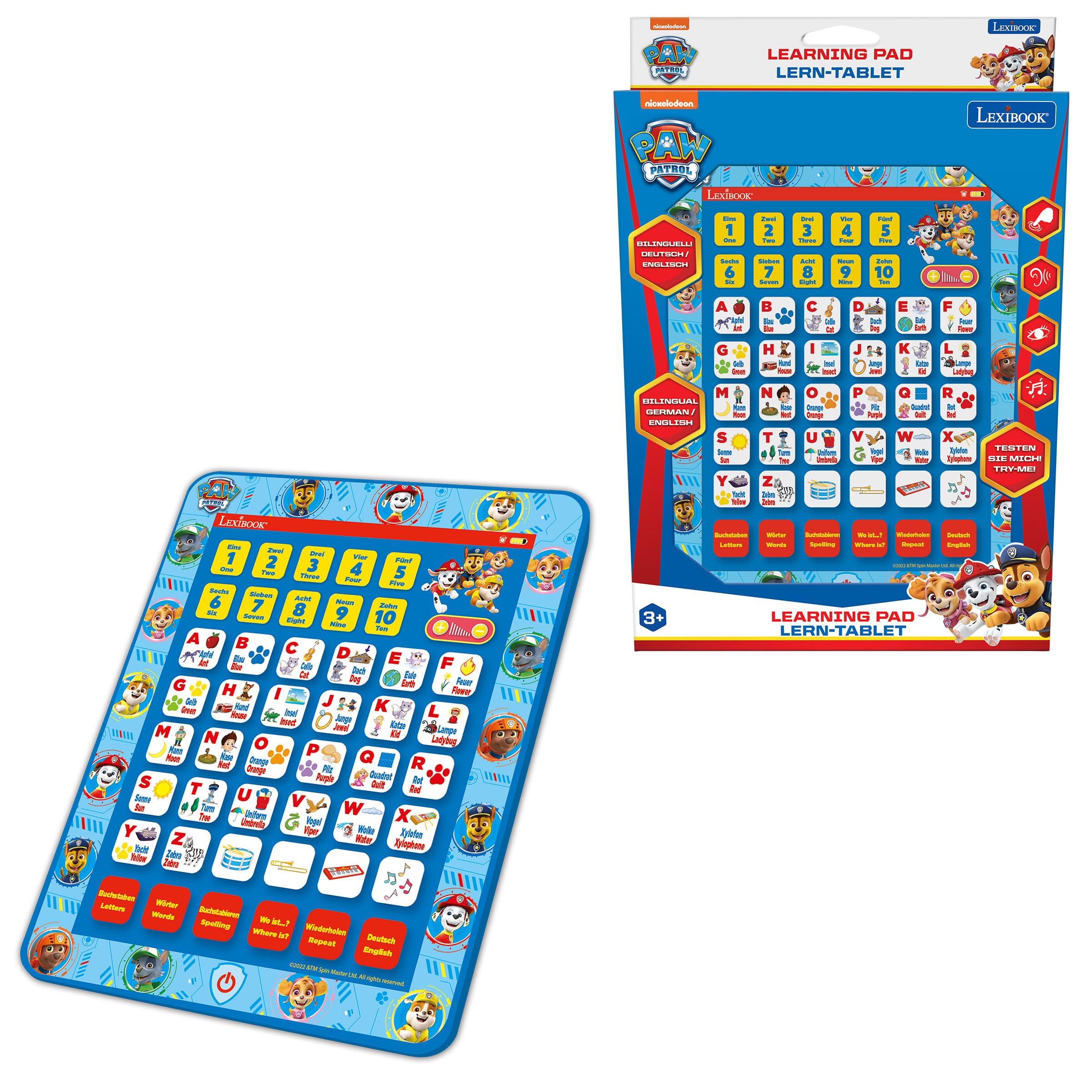 LEXIBOOK Paw Patrol Educational Bilingual Interactive Learning Tablet, toy to learn alphabet letters numbers words spelling and music, English/German languages, Blue, JCPAD002PAi3LXB