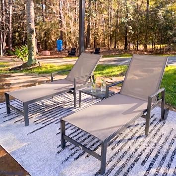 PURPLE LEAF Chaise Lounge Outdoor Set for 2 with Armrest, Khaki
