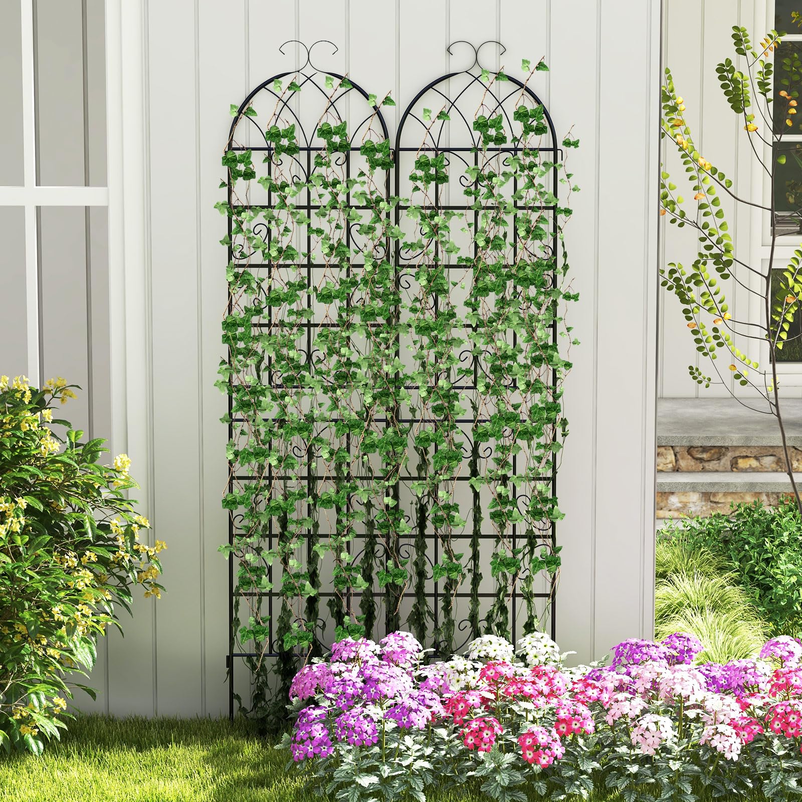 GOPLUS Rankgitter Metall 220cm hoch, 2er Set Rankhilfe, Rosenspalier mit Ranknetz, dekorativer Rosengitter, freistehende Gartenzaun Pflanzengitter für Kletterpflanzen, Blumen, zum Stecken, 220 x 50 cm