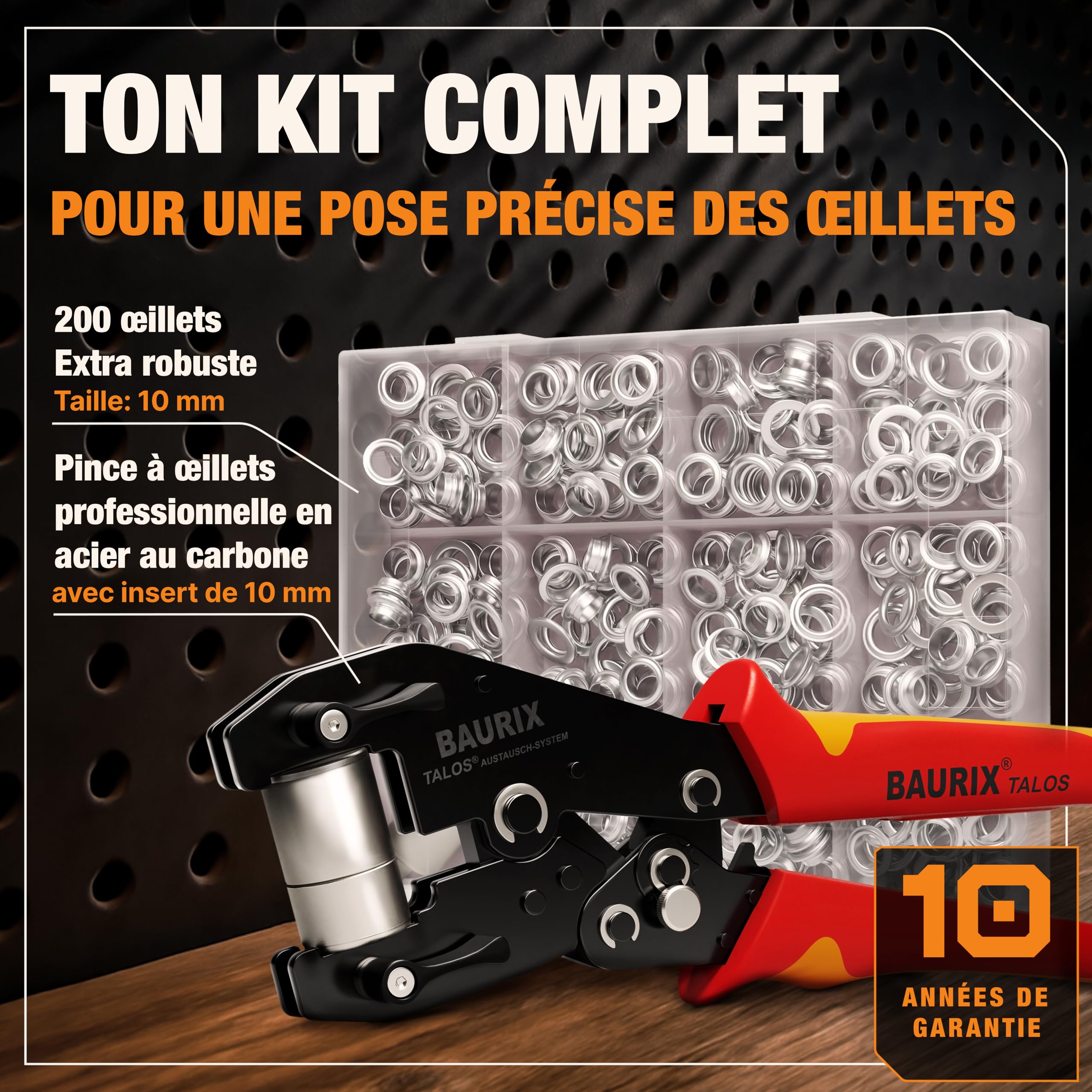 BAURIX® Pince à Oeillets avec 200 œillets (Ø10 mm) – Auto-perforante sans Pré-trou – pour Bâches, Tissus, Cuir & Textiles – pour Couturières, Bricoleurs & Artisans - TALOS