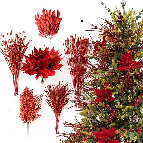 PARTY JOY 54 Pcs red Glitter Artificial Cedar Sprigs Picks Faux Cedar Branches S