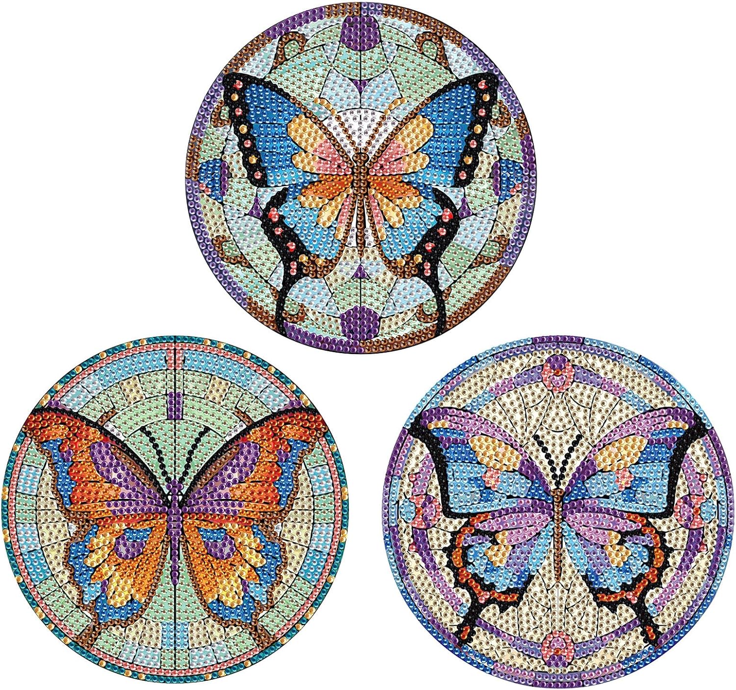 LazyFold 3Pcs DIY Diamond Art Painting Placemat,Colorful Butterfly Round Non-Slip Acrylic Table mats Modern Dining Table Kitchen Diamond Art Place mats Craft Supplies for Home Decor Gift