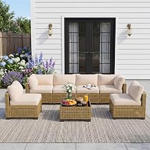 Patio Furniture Set, 7-Piece Outdoor Sectional Couch with Coffee Table & Thick Cushions, Outdoor Wicker Conversation Set for Backyard, Poolside, Garden Yellow-White, 7 Piece-Single