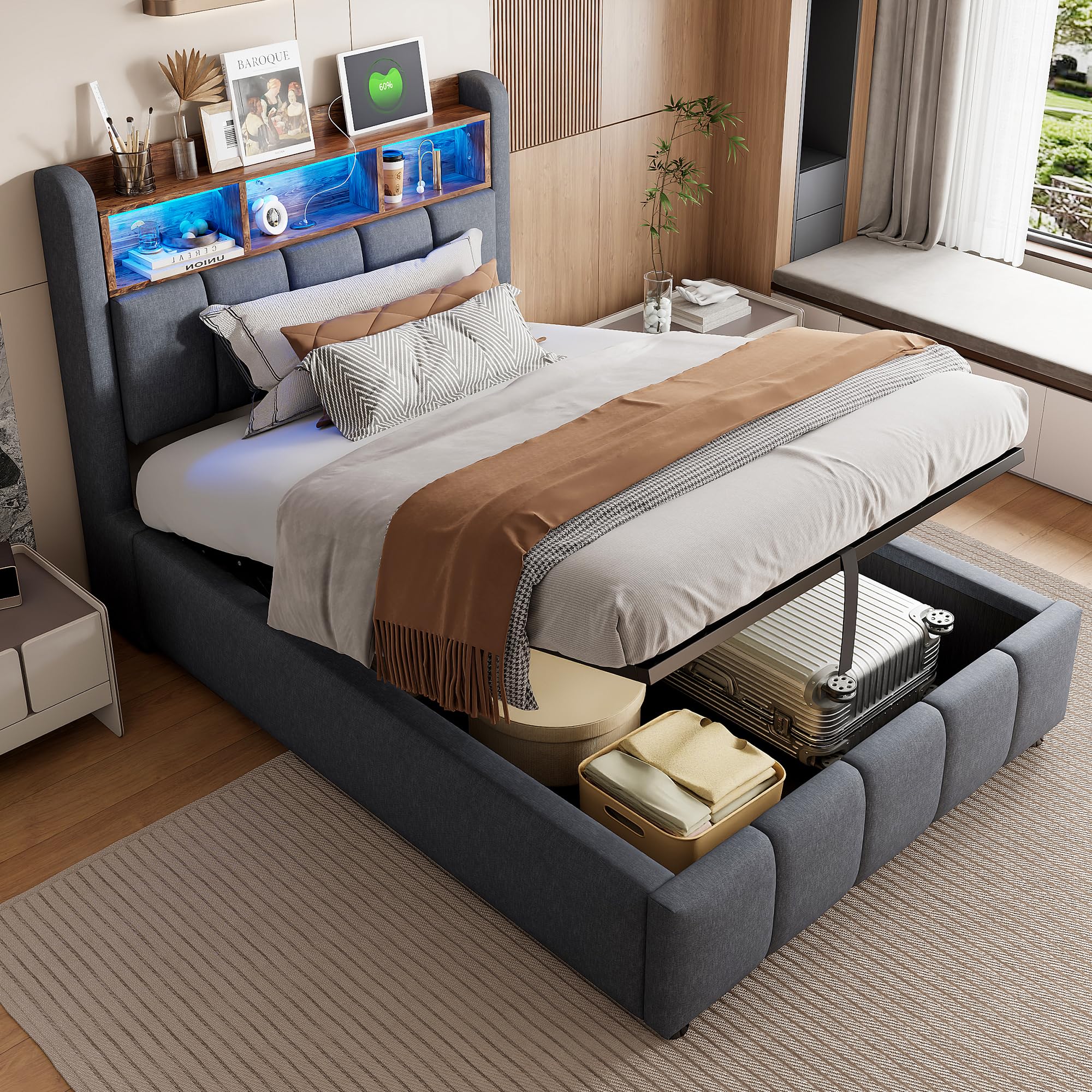 Einzelbett Polsterbett 90x200 cm mit USB Anschluss und LED Licht, Hydraulisches Bett mit Stauraum und Kopfteil, Jugendbett Bettgestell mit Lattenrost, Leinen, Grau, Ohne Matratze