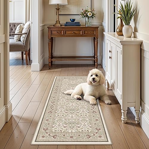 2x5 Rug Runner Washable: Non-Slip Oriental Floral Carpet for Bathroom Kitchen Hallway - Farmhouse Low Pile Stain Resistant Long Thin Front Door Mat 2x5 Off - White/Green/Multi