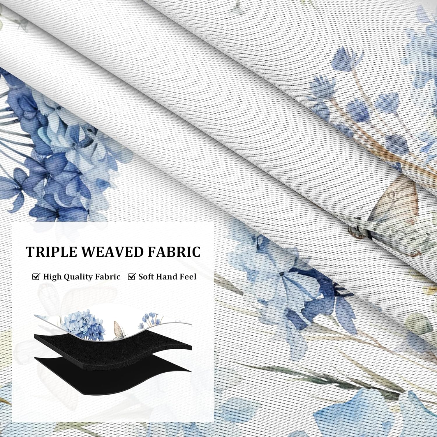 AWERT Floral Printed Blackout Curtains 84 Inches Long 2 Panels Blue Flowers Blossom Hydrangea Butterflies Romantic Window Treatments for Bedroom Living Room Thermal Insulating Each Size 53x84 Inches