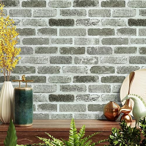 Papel tapiz de ladrillo gris para despegar y pegar, papel tapiz de ladrillo sintético de 17.7 x 196.8 pulgadas, papel de contacto de ladrillo