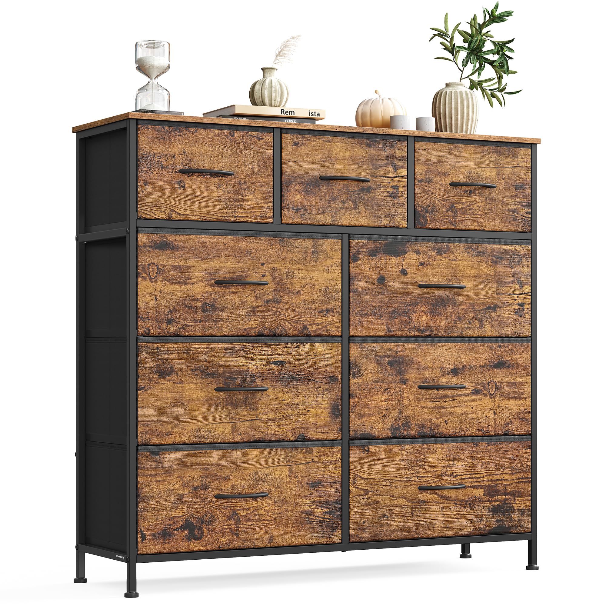 SONGMICS BELLAH Kollektion - Kommode, Schrank, Aufbewahrungsschrank, Stahl, für Schlafzimmer, Flur, Wohnzimmer, 9 Schubladen, Industrie-Stil, vintagebraun-tintenschwarz LGS324BH04