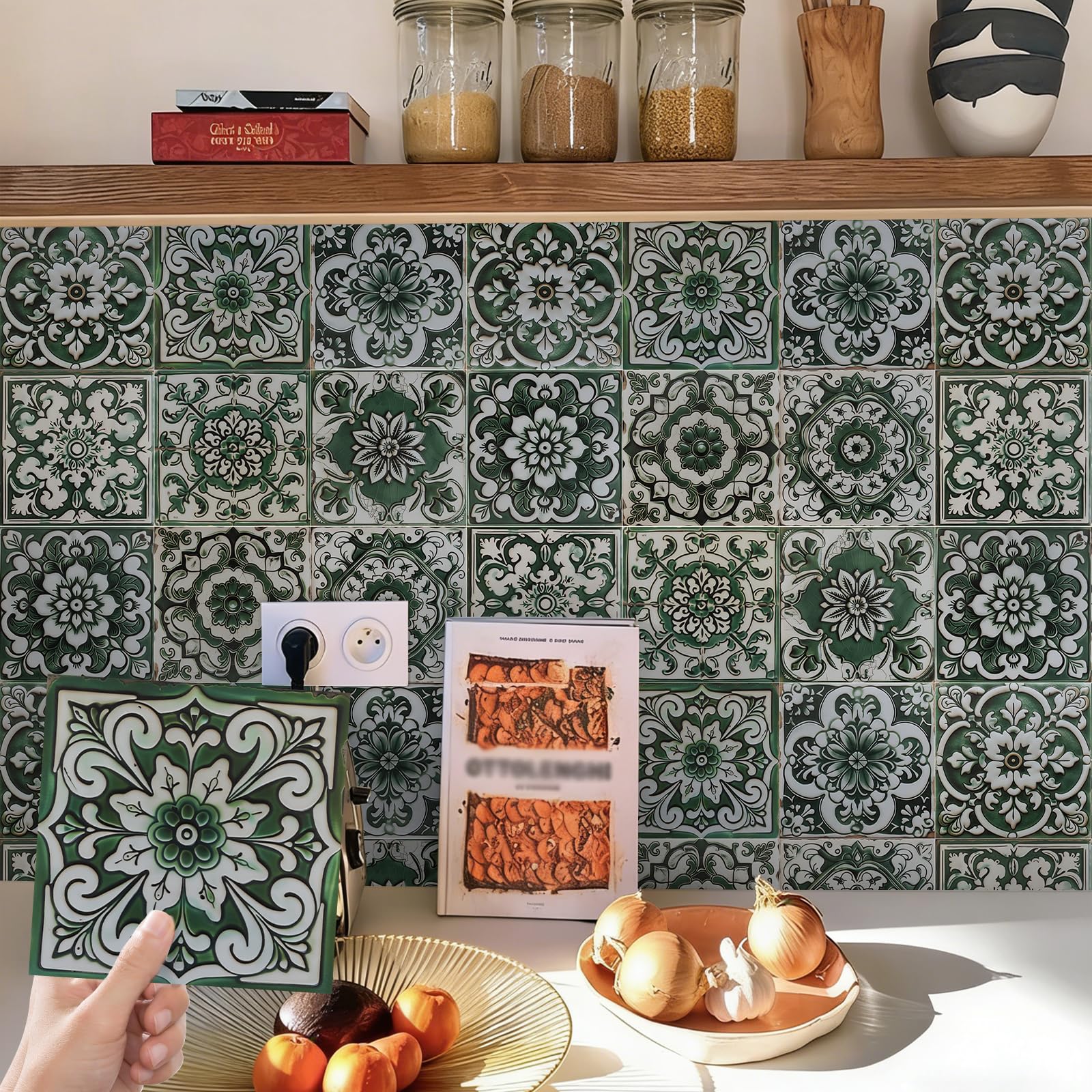 Green Moroccan Stick on Tiles for Kitchen 24pcs - Matt Tile Stickers for Bathroom 15x15cm - Victorian Vinyl Sticky Back Self Adhesive Wall Tiles Waterproof Removable โ image 1