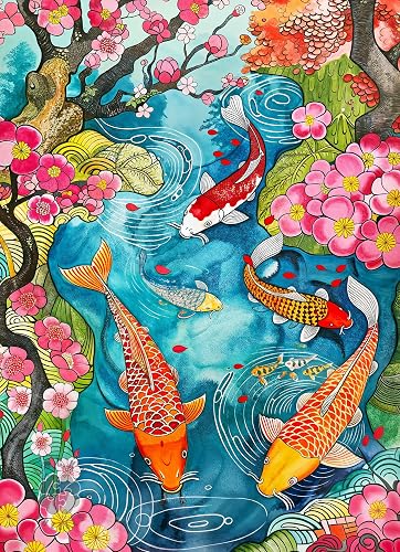 Lucky Puzzles | 1000 Piece Jigsaw Puzzles for Adults | Coy Koi | Vibrant Koi Pond Artwork | Random Cut Pieces | 2mm Thick Pieces | Bonus Reference Poster | Satin Finish | Ages 14+ - Coy Koi