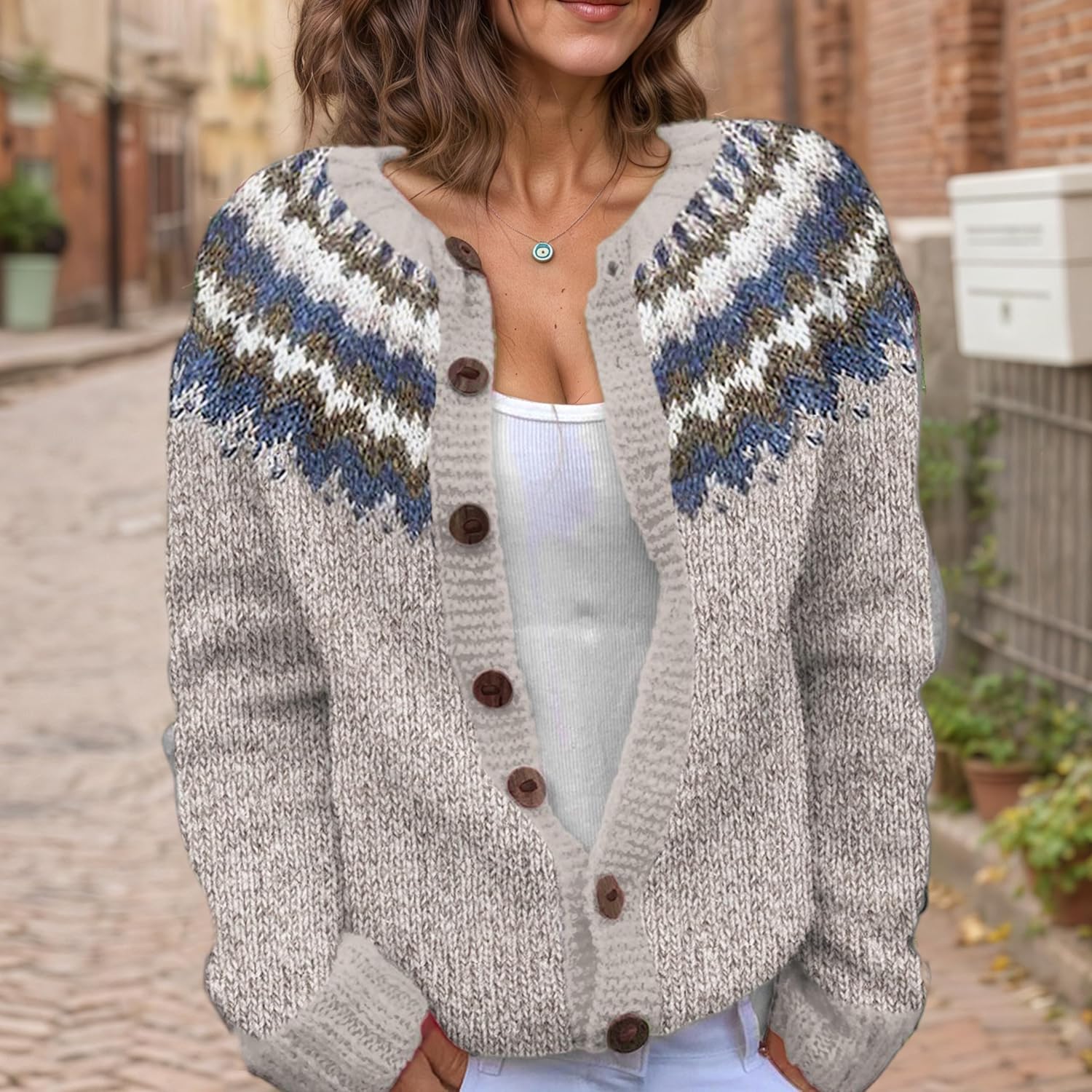 Women's Fair Isle Pattern Knit Cardigan Sweater Vintage Button Down Open Front Jacket Coat for Fall & Winter 2025 - Image 2