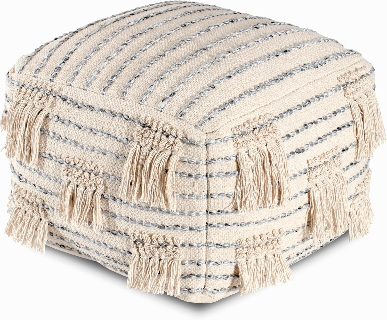 Anji Mountain Pouf Ottoman Foot Rest, Handmade Ottoman Pouf, Comfortable Foot Stool, Decorative Floor Seating for Living Room Decor, Bedroom & Home Décor Accent - Sterling Fringe