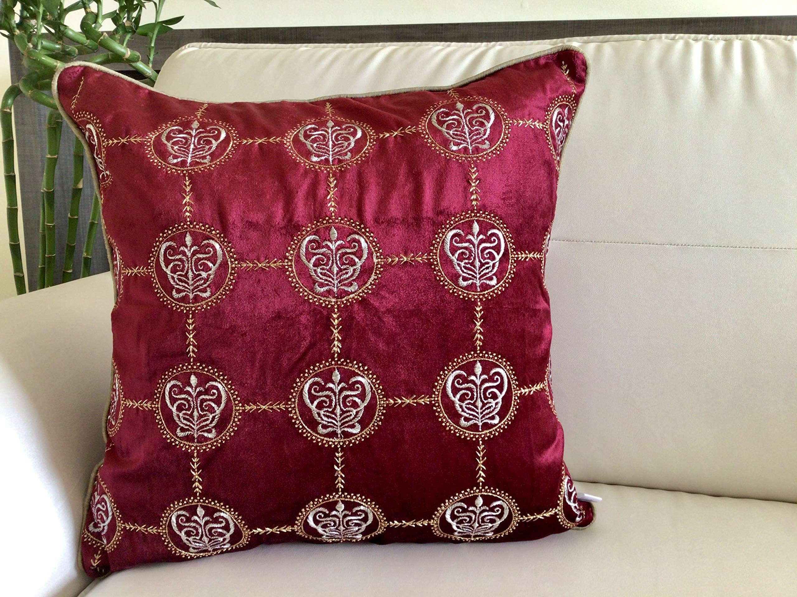 TARA- Sparkling Homes 18 x 18 inches Velvet Zari Embroidered Luxury Decorative Throw Pillow Cover 'Cleopatra' from The Royal Collection for Couch Living Room (Wine Red, 18 x 18 Inches)