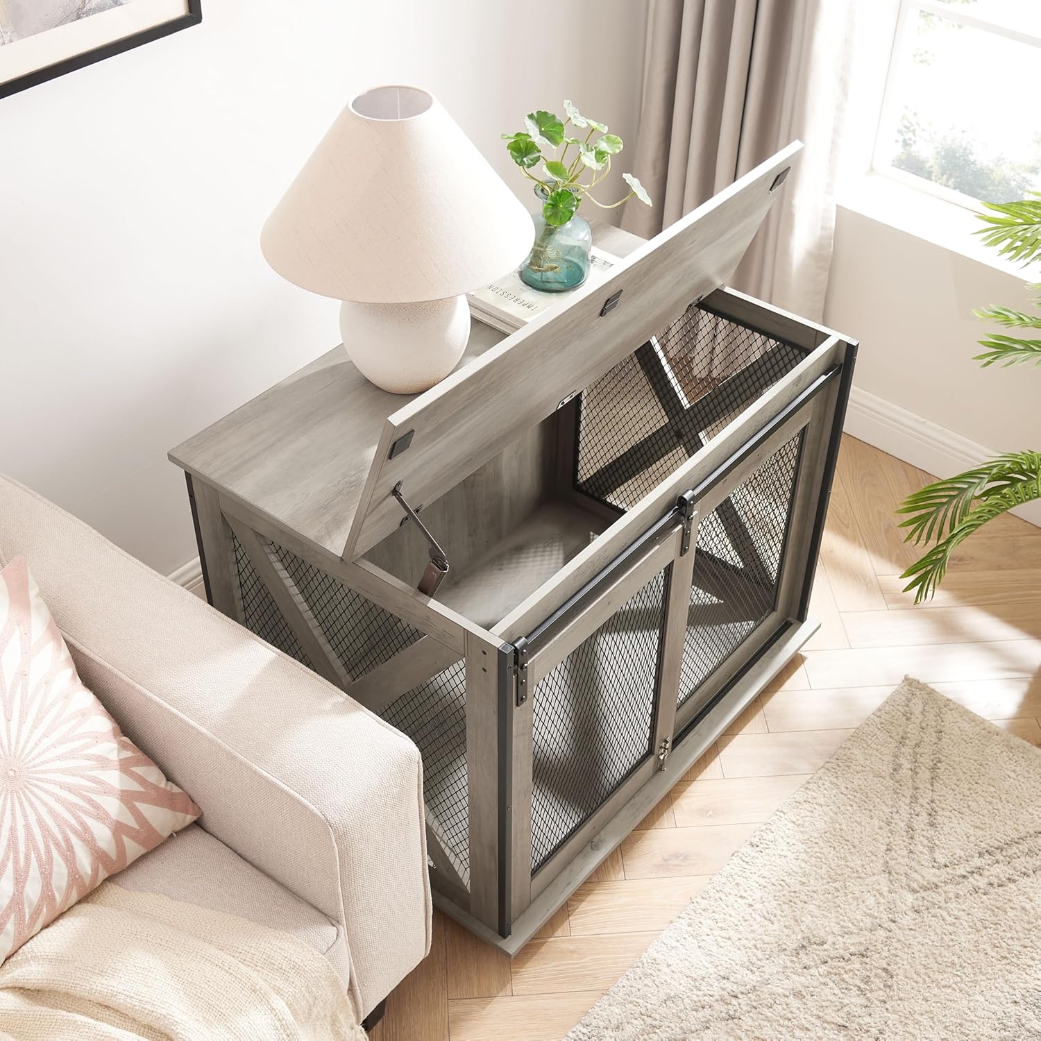 37''L Farmhouse Dog Cage Crate Furniture with Sliding Barn Door, Wooden Dog Kennel End Table with Flip-top Plate and Detachable Divider for Small/Medium/Large Dogs (Gray Wash - 22''H)