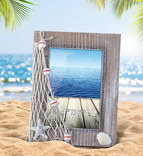 Miniatura 5 de CoTa Global - Marco de fotos de playa marrón de 4 x 6 pulgadas, marco de madera envejecida blanqueada con decoración de playa, marco de fotos hecho