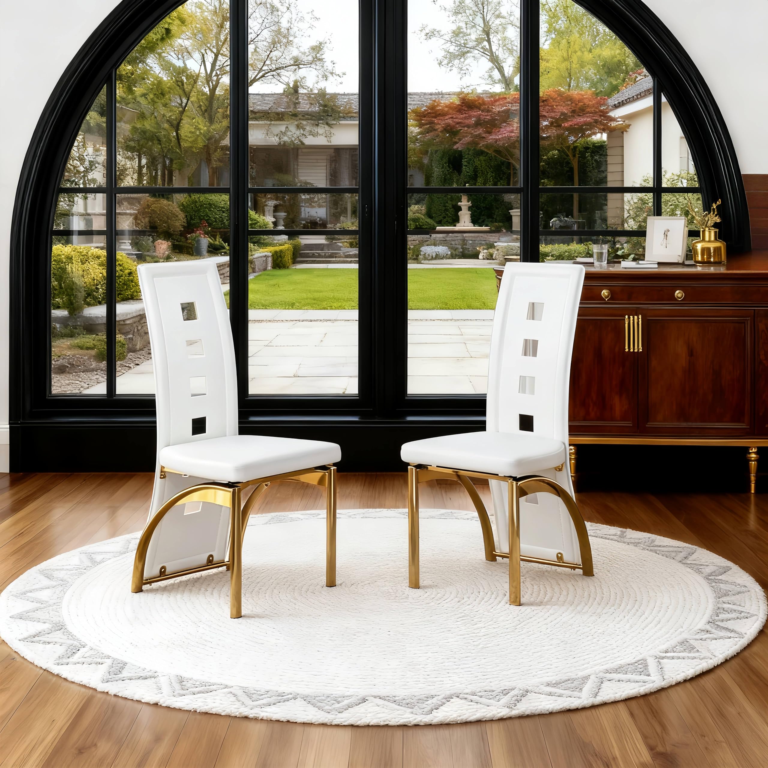 Svmdcu Modern Dining Chairs Set of 2, White Dining Room Chairs Set of 2, Upholstered PU Leather Kitchen Chairs with Gold Metal Legs, High Backrest