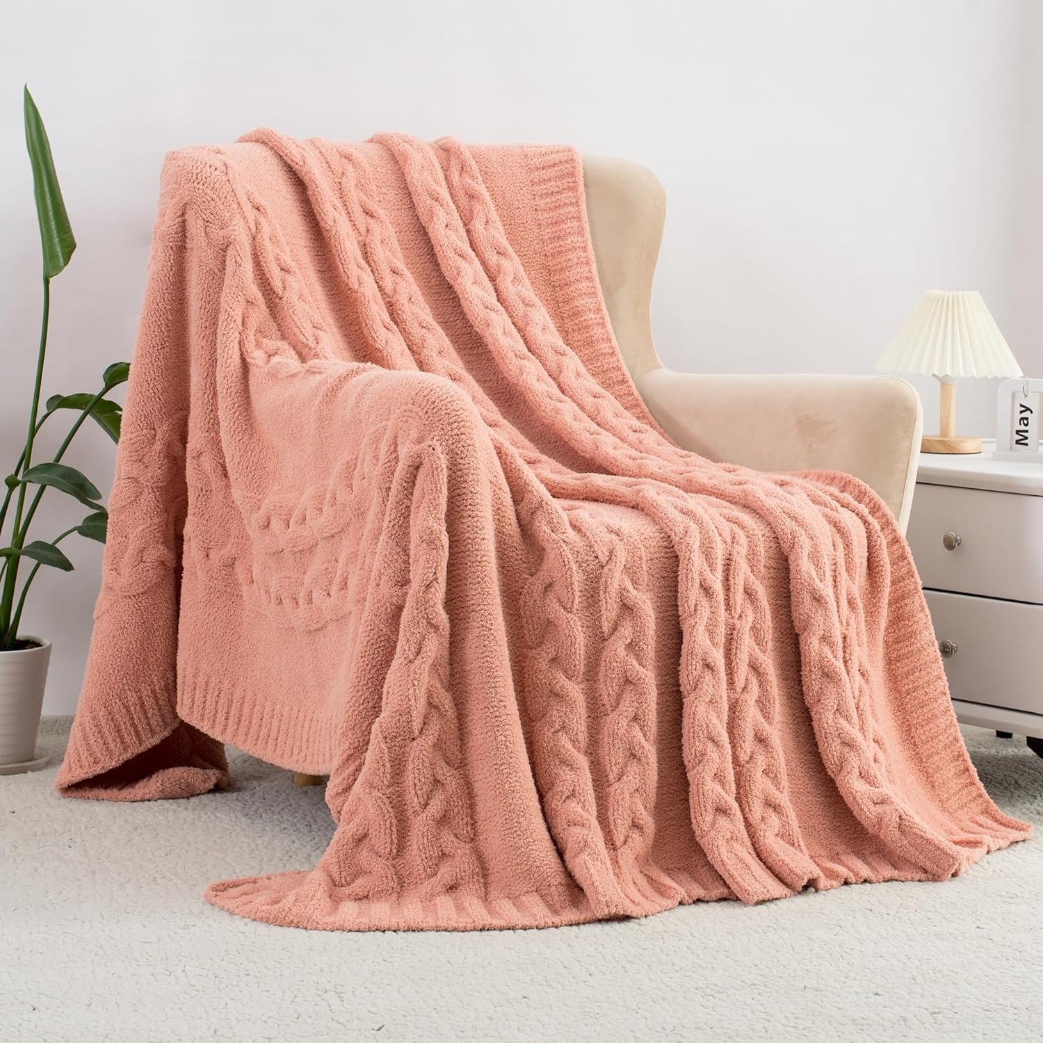 Winter Knit Throw Blanket for Couch Sofa Bed Fluffy Fuzzy Soft Lightweight Cozy Farmhouse Chunky Cable Knitted Throws (Pink, 60"x80") - Image 5