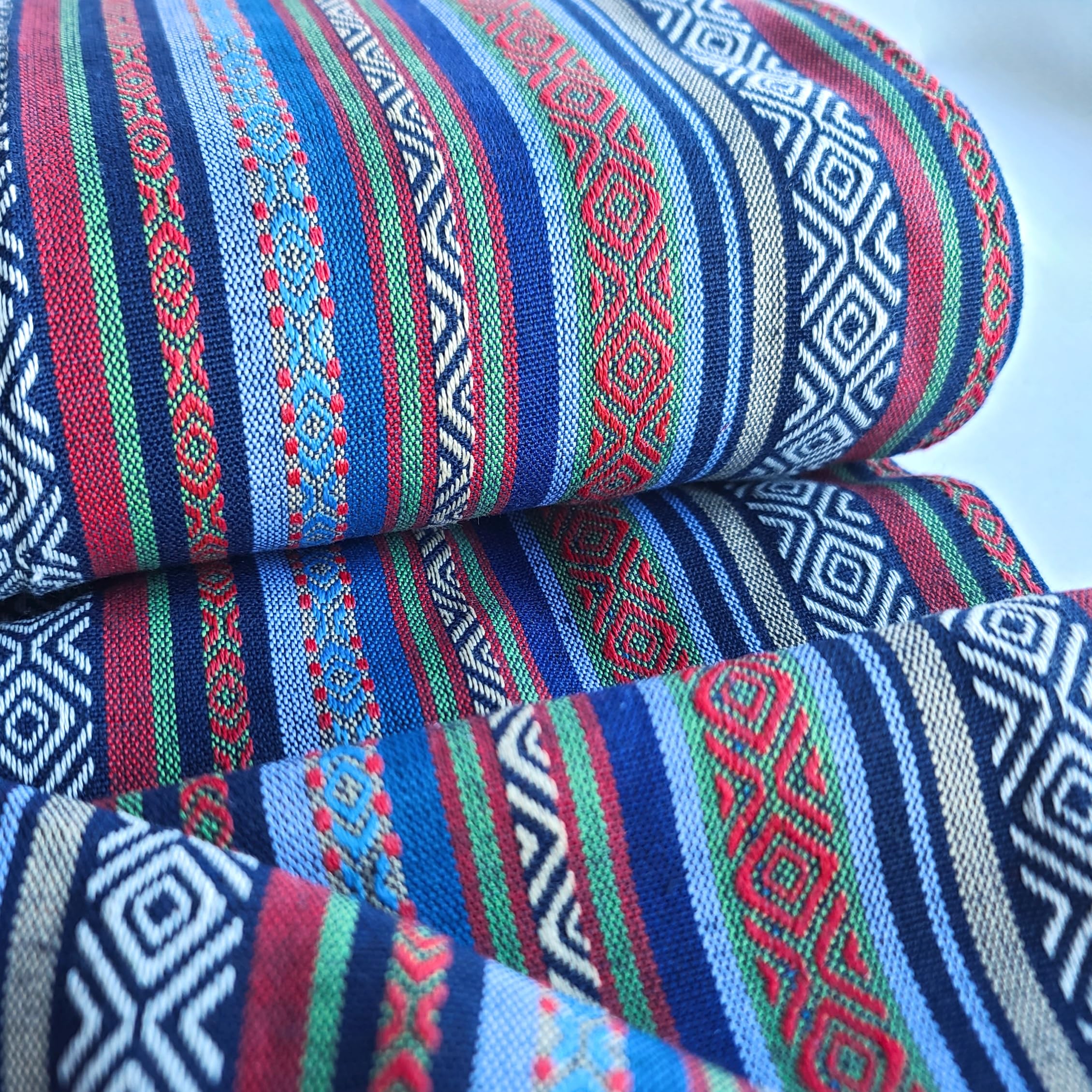 Jacquard Tapestry Woven Fabric Made from Recycled Fibres - Ethnic Stripe Patterns Blue & Red - PER METRE