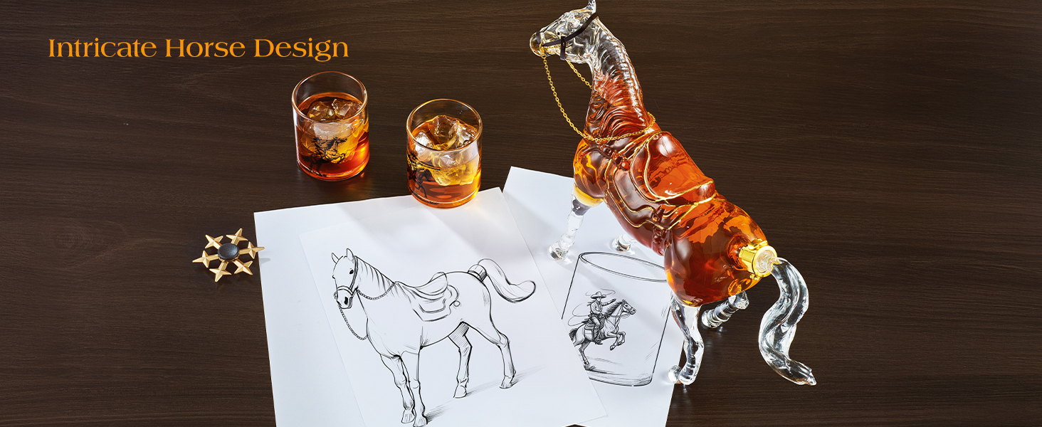 Kollea Horse Whiskey Decanter Set With 2 Glasses - Western Cowboy Theme, 67oz Lead-Free Glass, Gift Box