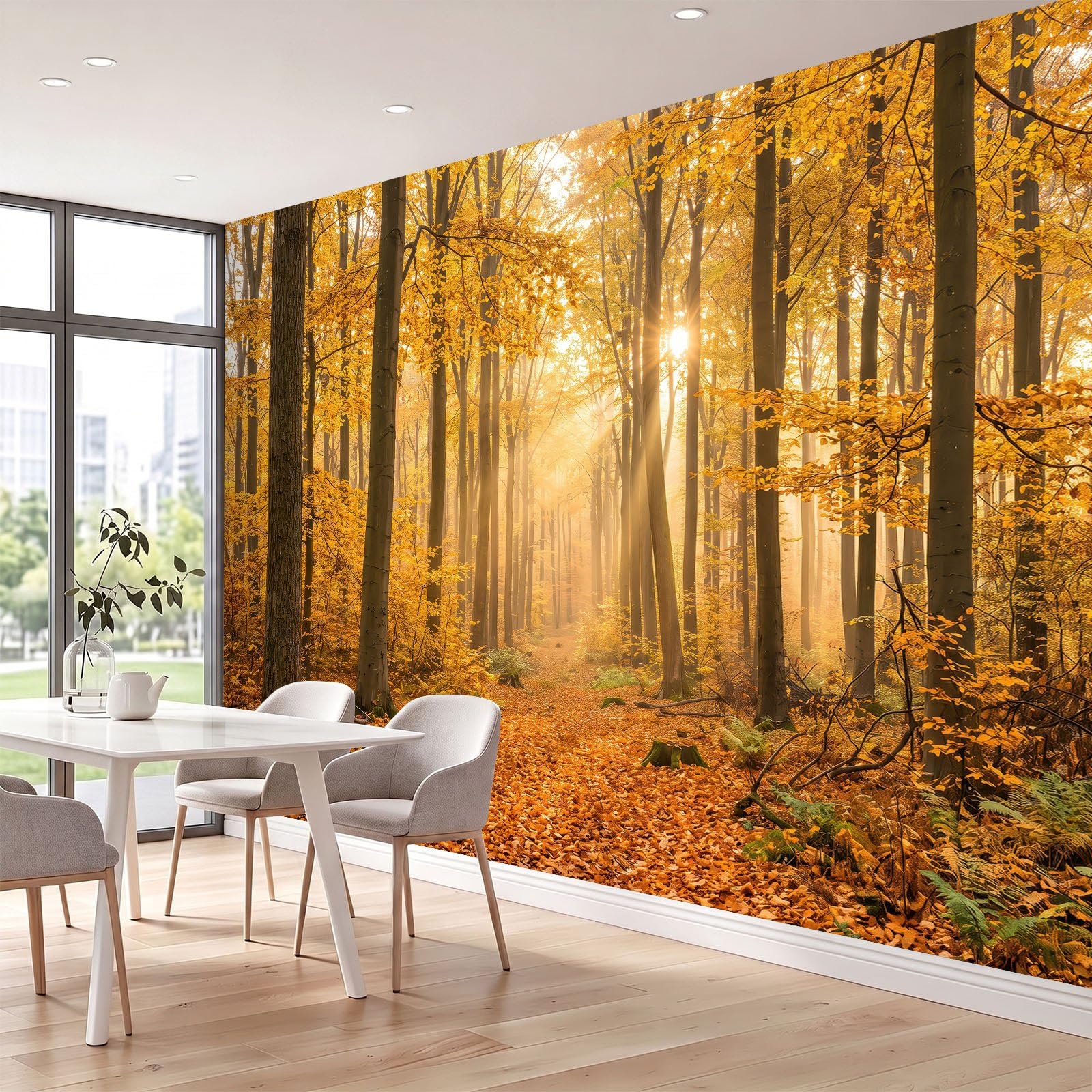 Fototapeta 3D 350 x 256 cm (szer. x wys.), tapeta z włókniny, do sypialni, salonu, wiejska, rustykalna tapeta z włókniny, tapeta ścienna, fototapeta, dekoracja ścienna, pokój dziecięcy, las, jesienne