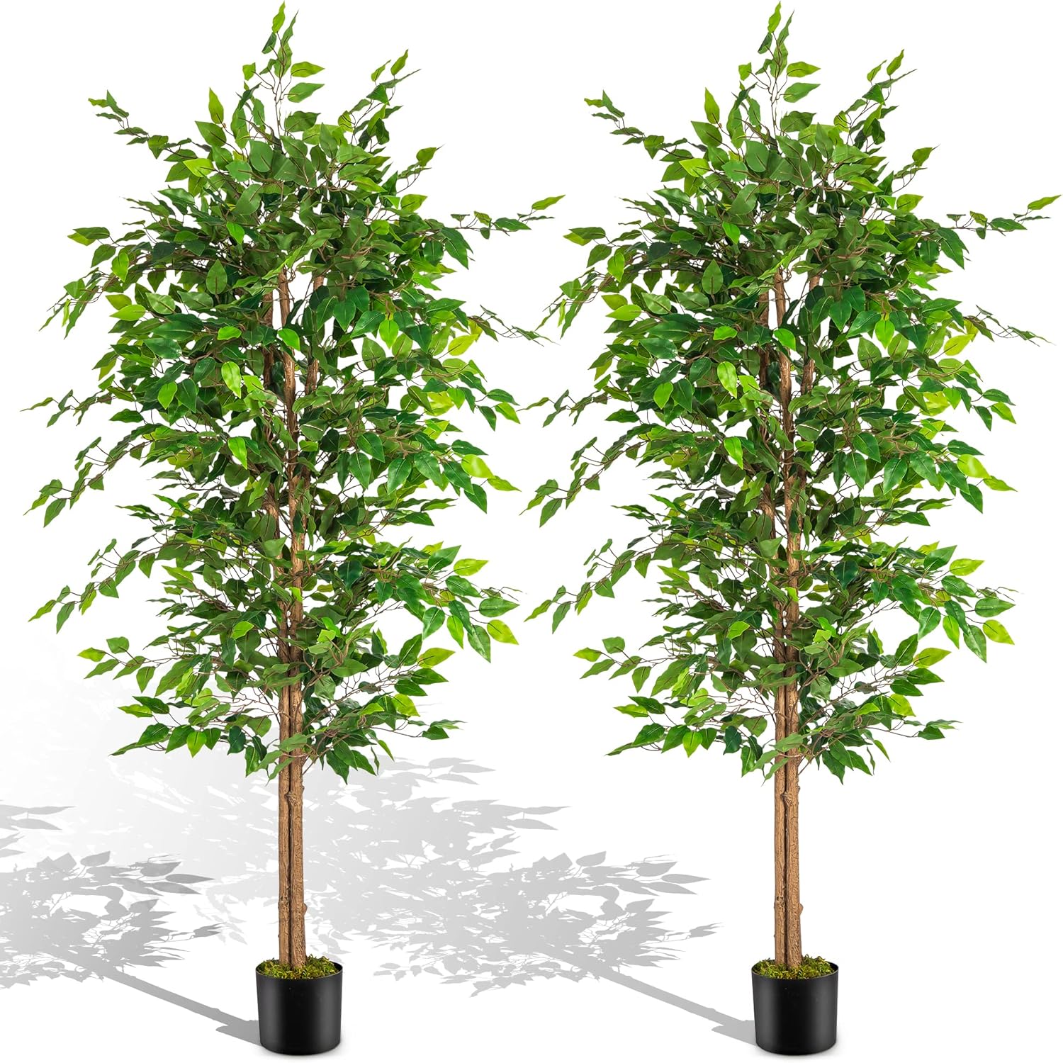 NeuType Artificial Ficus Tree 6FT, 2Packs Fake Ficus Tree Plant with Warm White LED
