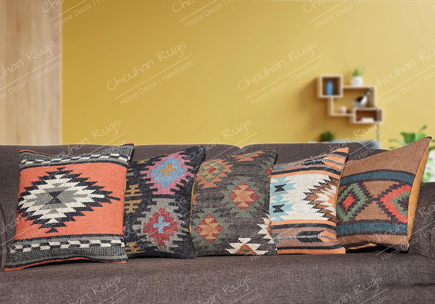 Chouhan Rugs Set of 5 Handmade Jute Pillow Covers,Handwoven cushion covers,18x18 Inch square pillowcases,home decor pillow covers,christmas decor,kilim pillow