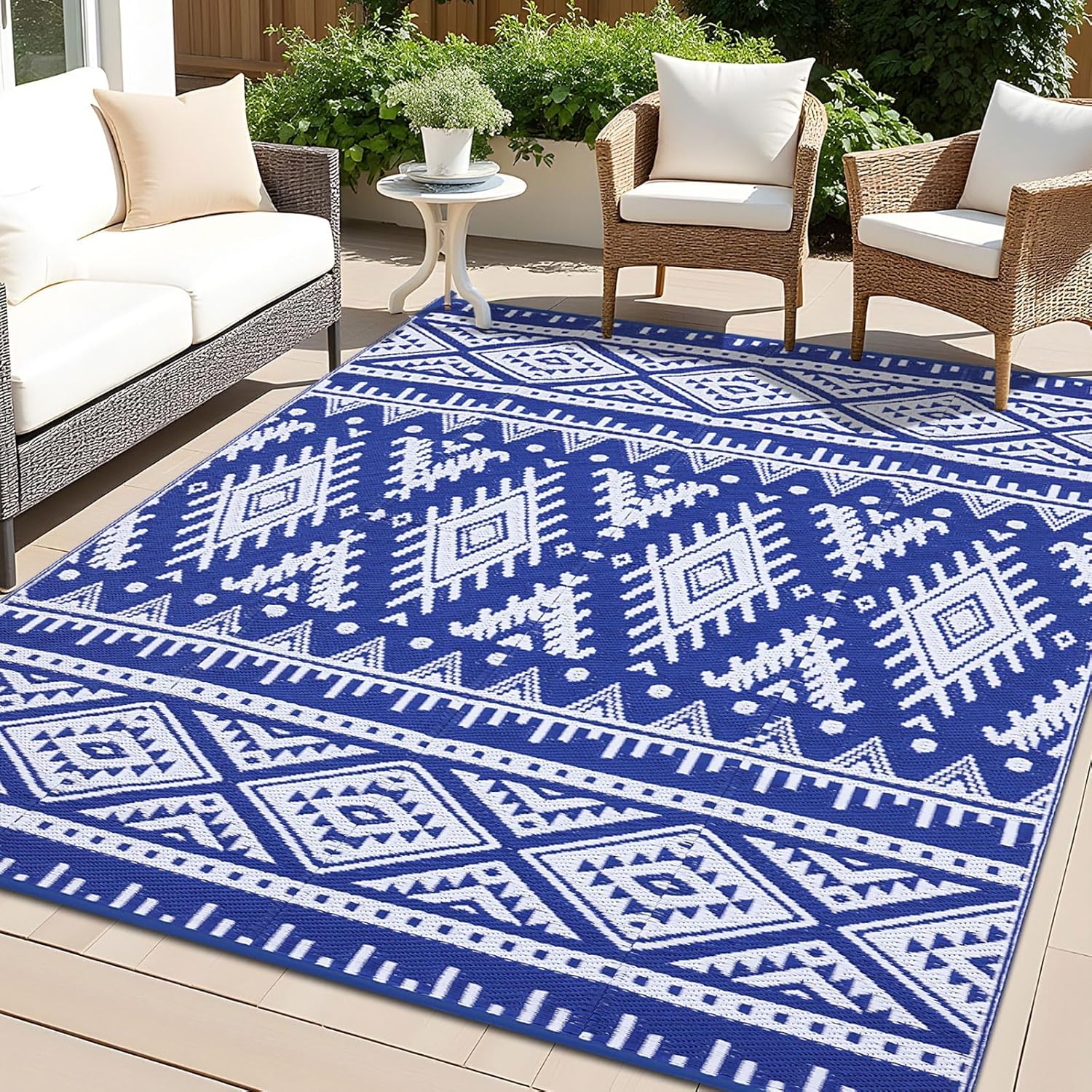 OLANLY Outdoor Rug Waterproof 10x14 ft, Reversible Outdoor Plastic Straw Rug, Boho Patio Rug, Indoor Outdoor Carpet, RV Mat Outside for Patio, Camp, Picnic, Balcony, Deck, Backyard, Blue & White Blue & White 10' x 14' (Rectangular)