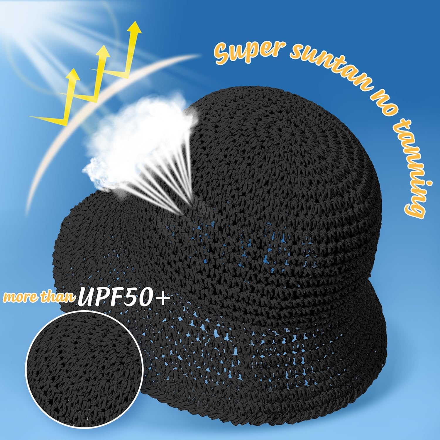 Womens Sun Hat Handmade Straw Bucket UV Protection Wide Brim Packable Travel Summer Cap for Beach UPF 50+ - Image 2