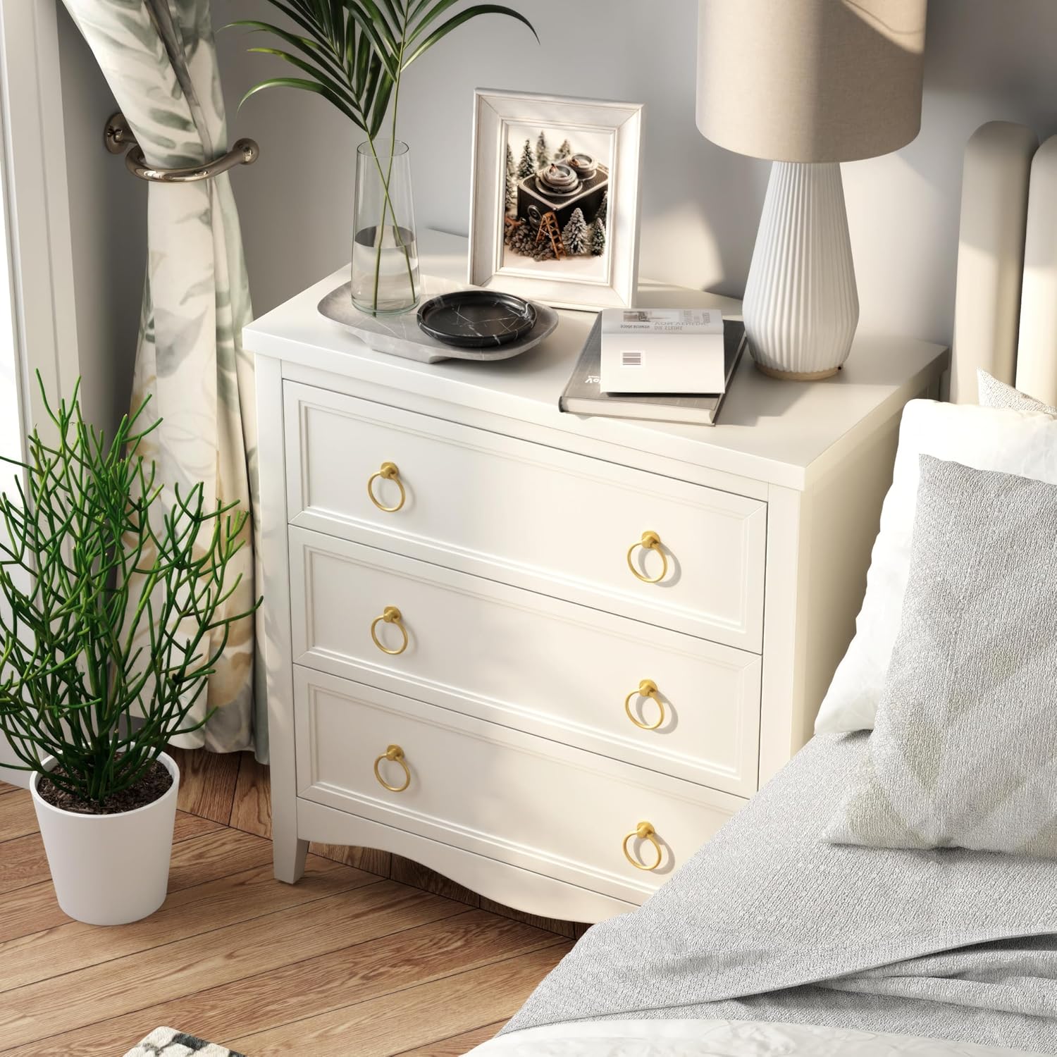 COZAYH Farmhouse Fully-Assembled 3-Drawer Dresser Chest Cabinet with Bronze Metal Ring Handles, Vintage French Country Chest of Drawers, Creamy White