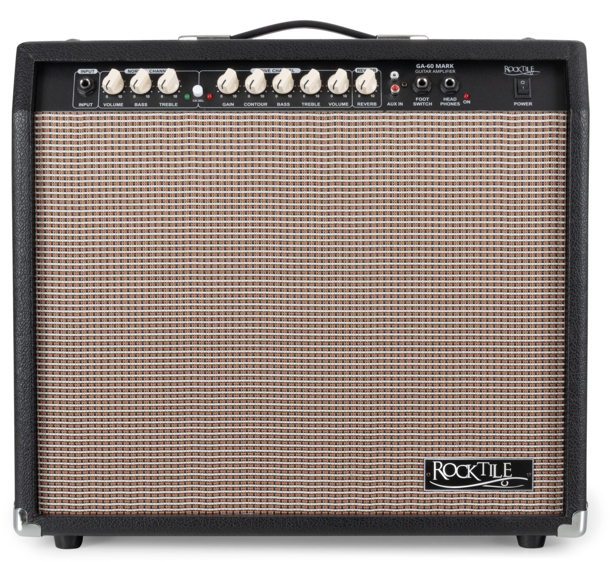 Rocktile GA-60 Mark Gitarrenverstärker - 60 Watt Gitarrencombo - 2 Kanäle (Normal/Drive) - 12" Speaker - Kopfhöreranschluss und AUX-In - 2-Band-EQ - Federhall-Effekt und Effektweg - Schwarz