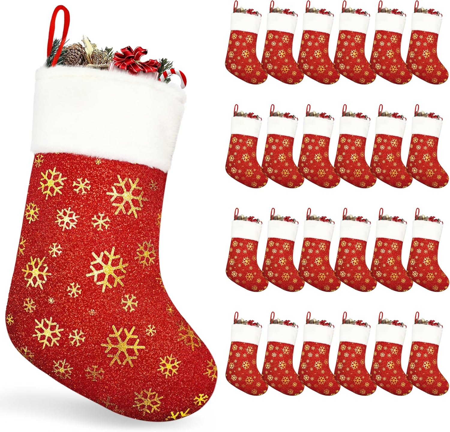 24PCS Bulk Christmas Stockings,18"Large Red Velvet with White Plush Cuff Xmas Stocking,Felt Flannel Faux Fur Stockings with Golden Snowflakes,Thickened Christmas Stockings Bulk for Fireplace Mantel