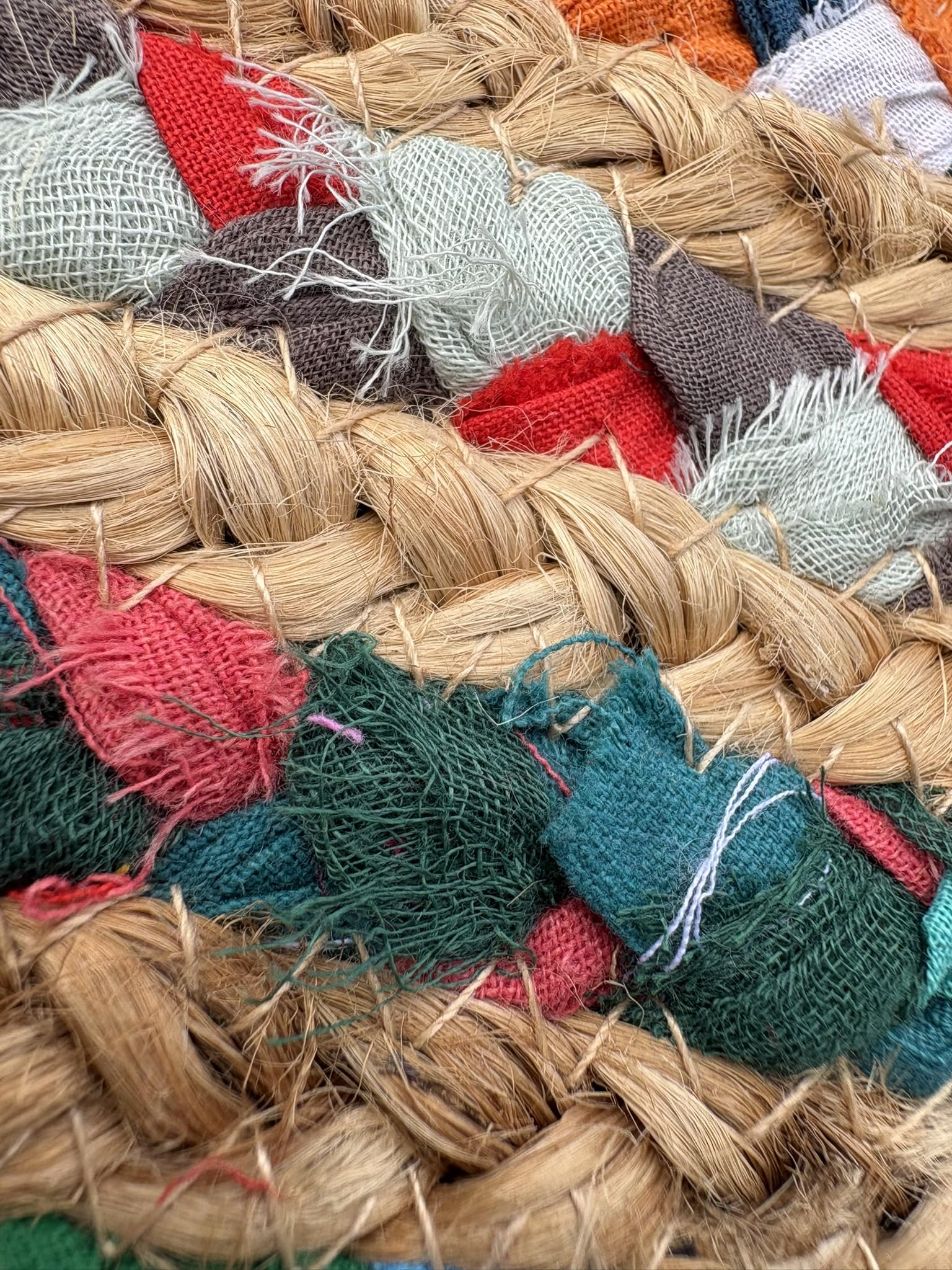 Tappeto Rotondo in Juta e Cotone Multicolore, Intrecciato e Cucito a Mano, Stile Etinco Naturale Tondo Esterno Interno (110_cm_Diametro)