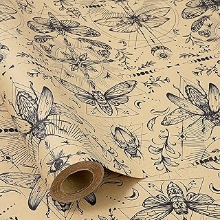 RUSPEPA Vintage Floral Kraft Wrapping Paper Roll, Mini Roll, Black Flower and Moth Design Kraft Paper, Nature-Inspired Gift Wrap for Birthday, Wedding, Halloween Party, 17 Inches x 16.4 Feet