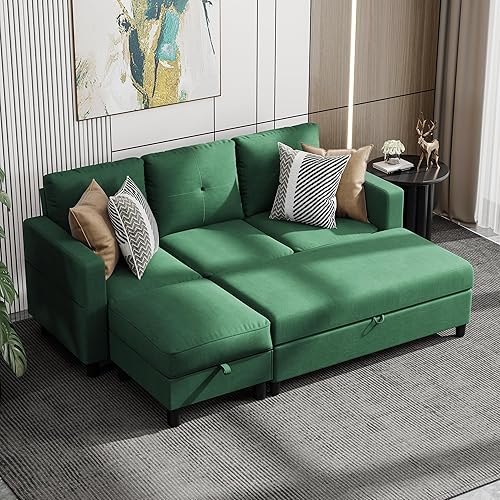 JAMFLY Sectional Sofa Couch with Storage Ottoman, Living Room Furniture Set Small Deep Convertible Sofa, L-Shaped Couch Wide Reversible Chaise, Green