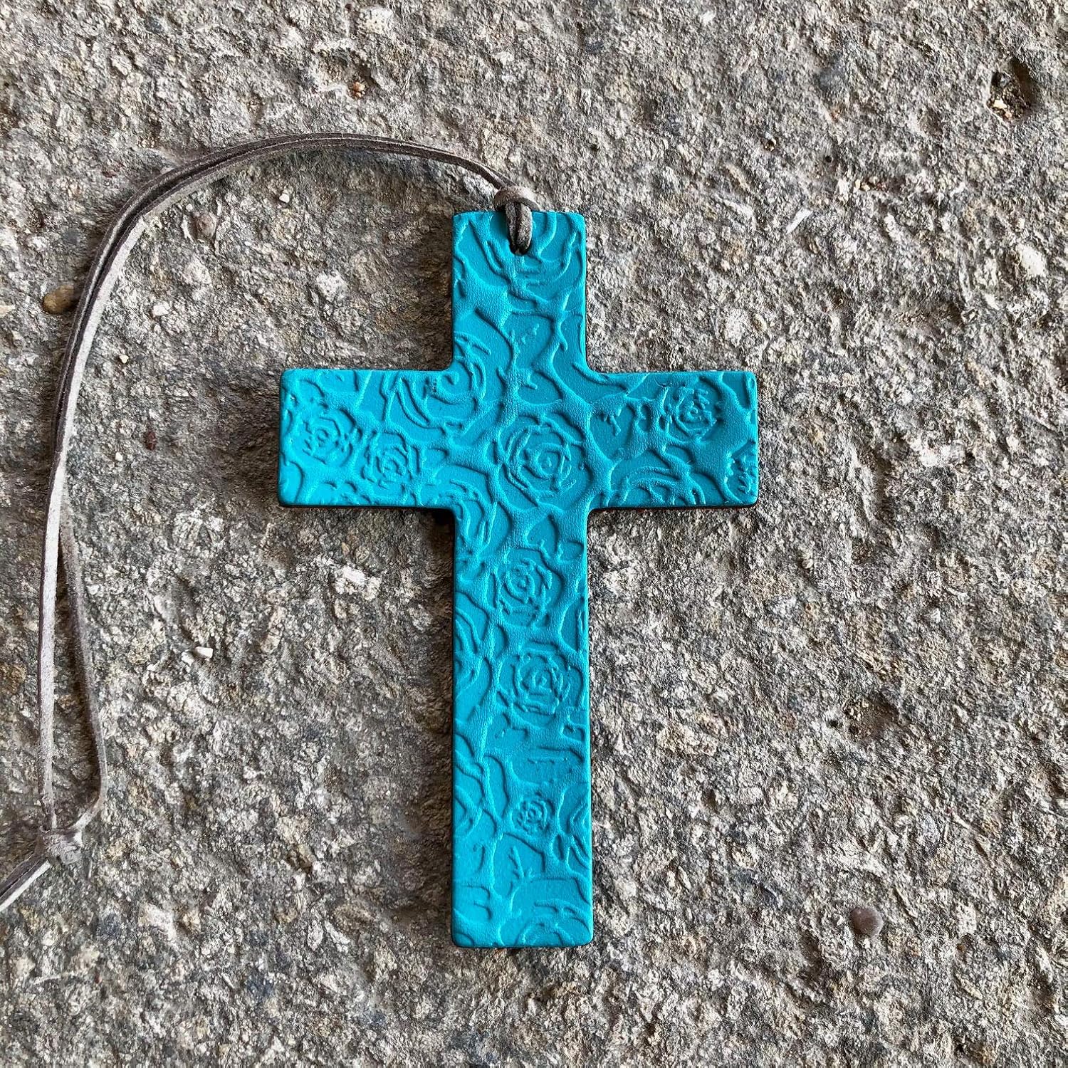 Air Flair | Leather Car Air Freshener | Cross | Rose Pattern (Turquoise, Leather Scent)