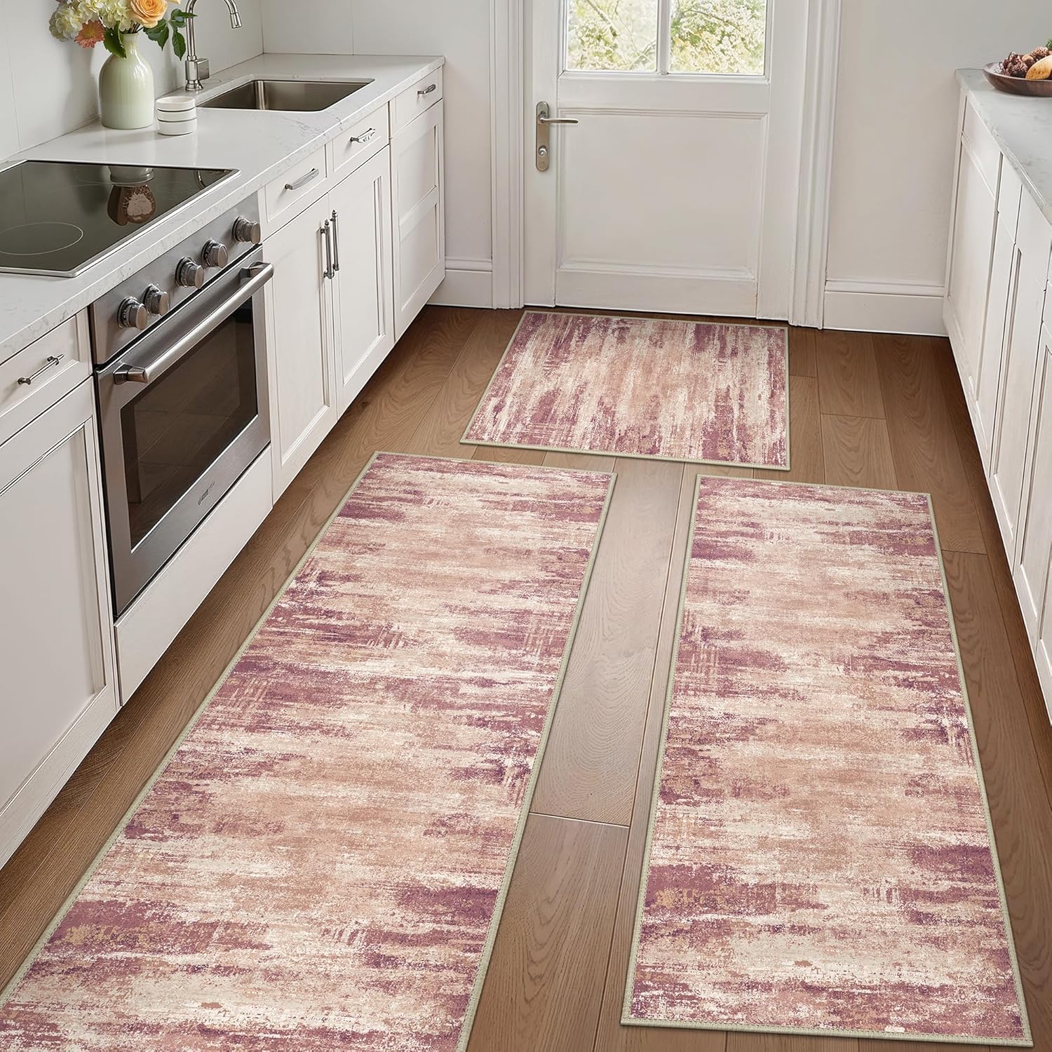 GENIMO Kitchen Rugs Sets of 3 Non Slip Washable Kitchen Mats for Floor, Waterproof Abstract Kitchen Runner Rug, Floor Mat Carpet for Hallway, Laundry, Sink, Entryway, Bathroom, Red