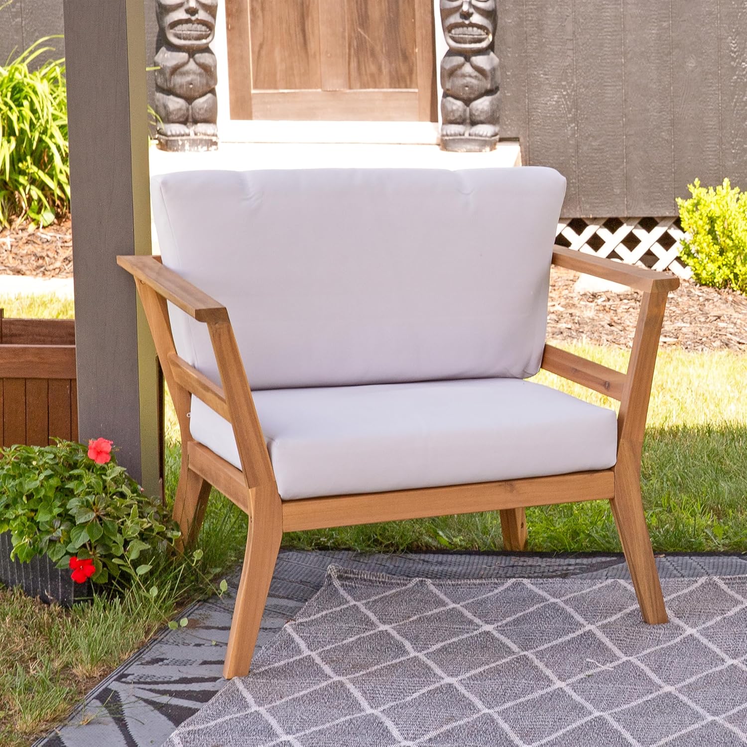 Sunnydaze Outdoor Accent Chair with Arms - Bodie Acacia Wood Club Chair for Patio - Reading Armchair with Cushions for Outside - Bone White Cushions