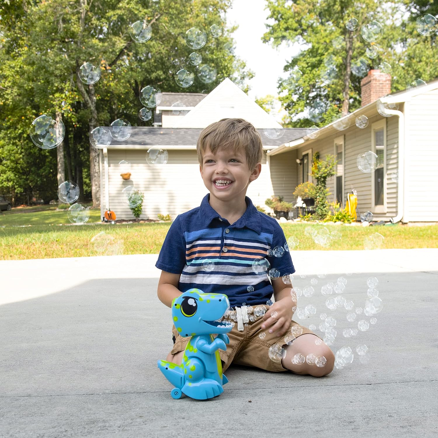 Bump N Go Dino - Moving Bubble Blower for Kids, Lights and Sounds Dinosaur Bubbler, Spins and Moves, Outside Toy, Automatic Bubble Machine, 4oz Bubble Solution Included, Blue