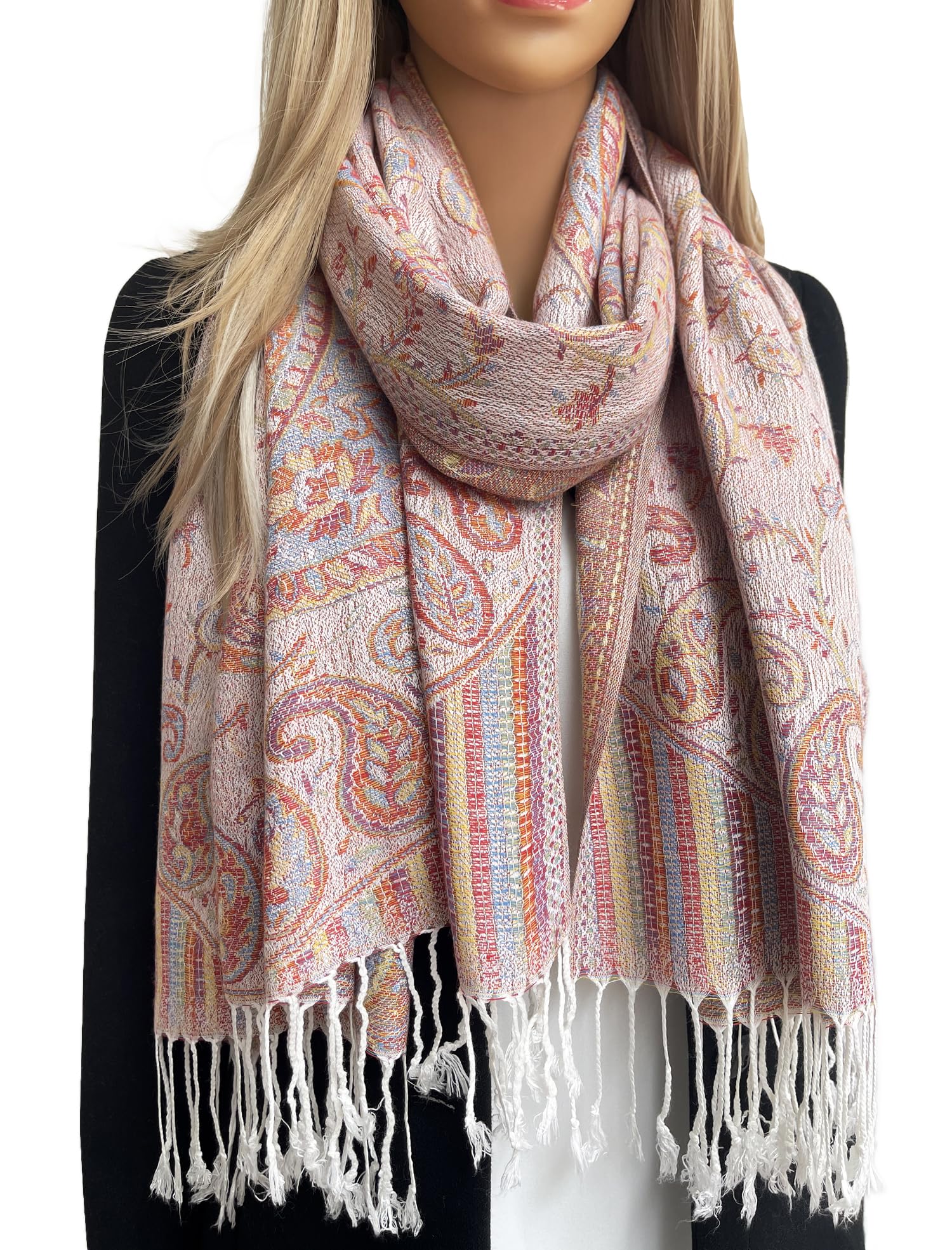 The Accessory Co. Women's Cream Pashmina Scarf Shawl Wrap - Large Long Paisley Floral Scarves, Wearable Blanket Scarf, Winter Scarfs, Indian Shawl Wedding Evening Stole, Head Scarf (Cream)