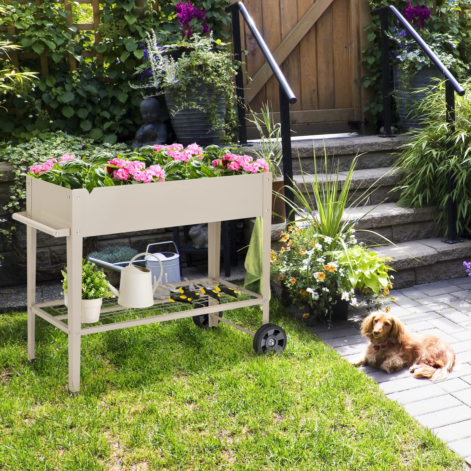 GOPLUS Huerto Urbano con Ruedas, Cama Elevada con Estante y 2 Ganchos para Herramientas de Jardinería para Verduras, Hierbas y Otros Vegetales, 95 x 40 x 80 cm (Blanco)